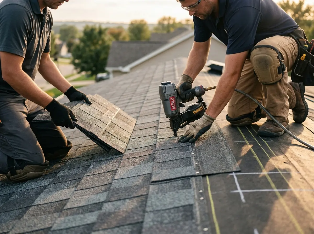 Professional roofer working on a residential roof in Miles City